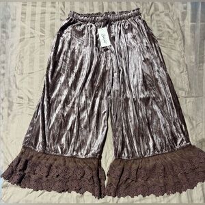 Chic Brown Velvet Wide Leg Pants with Lace Trim
